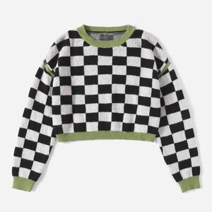 SHEIN Black and White Checkered Sweater with Green Accents